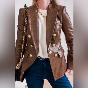 NWT Veronica Beard Lawrence Croc Embossed Faux Leather Dickey Jacket In Brown